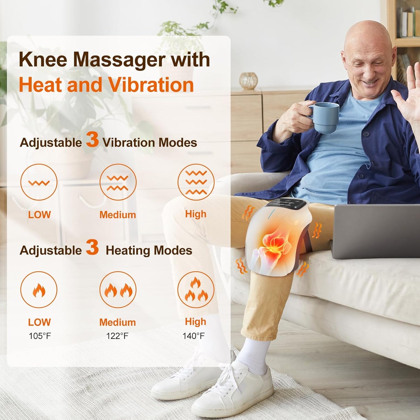 Cordless Knee Massager with LED Screen, Infrared Heat and Vibration Knee Pain Relief for Swelling Stiff Joints, Stretched Ligament and Muscles Injuries, Portable Knee Massage for Family and Friends