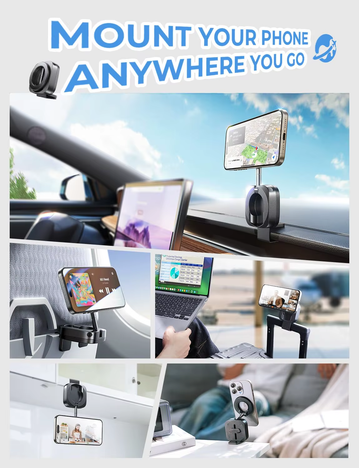 for Magsafe Car Mount Airplane Phone Holder Flexible 360° Rotatable Dashboard Cell Phone Holder for Iphone 15 14 13 12Mini